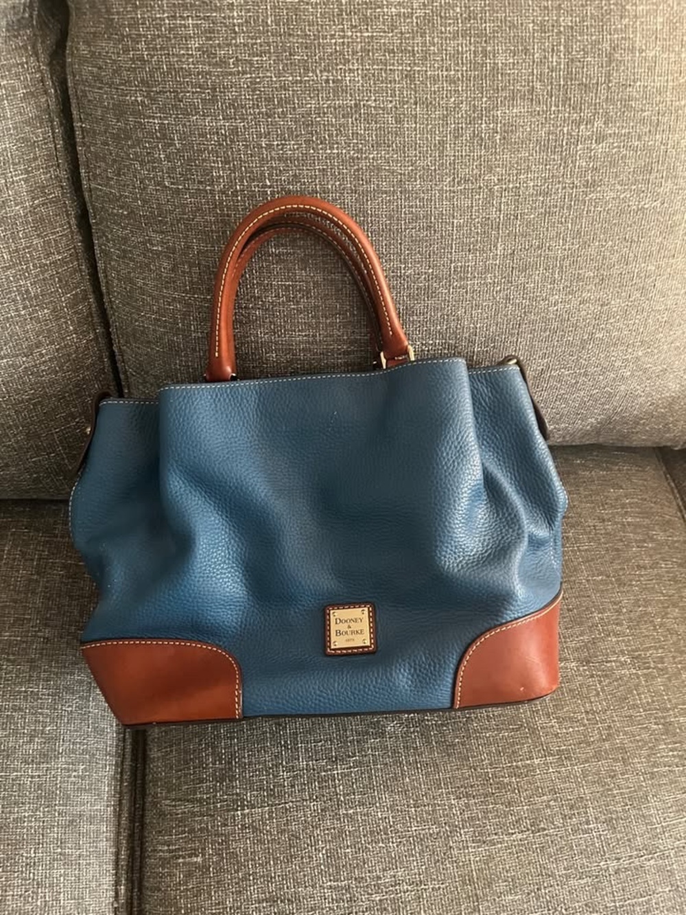 Dooney & Bourke Blue Leather Satchel with Brown Handles